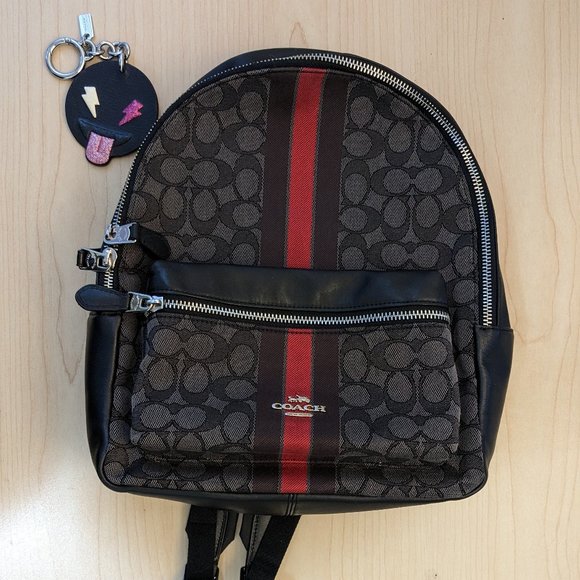 EUC Coach Medium Charlie Backpack In Signature Canvas with Red Stripe - Picture 1 of 2